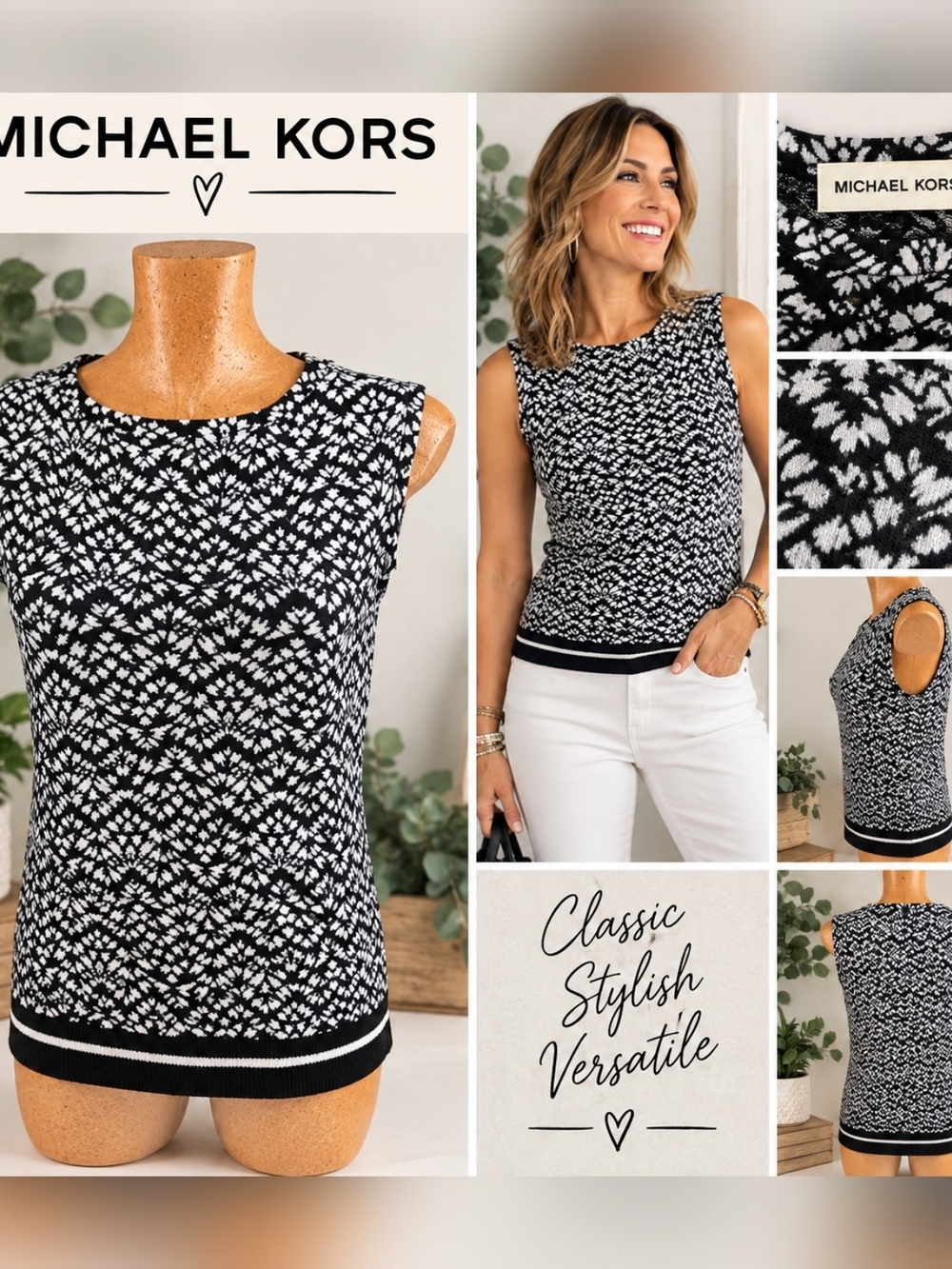 Michael Kors Black and White Patterned Sleeveless Knit Tank